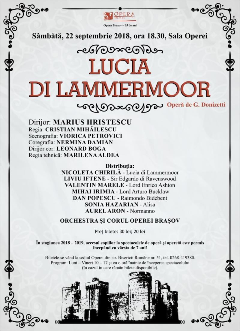 "Lucia di Lammermoor", capodoperă a romantismului Italian,  pe scena Operei Brașov