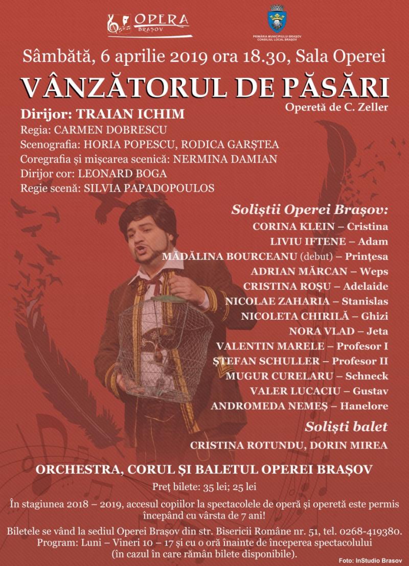 "Vânzătorul de păsări", opereta lui Carl Zeller, deschide luna aprilie  la Opera Brașov