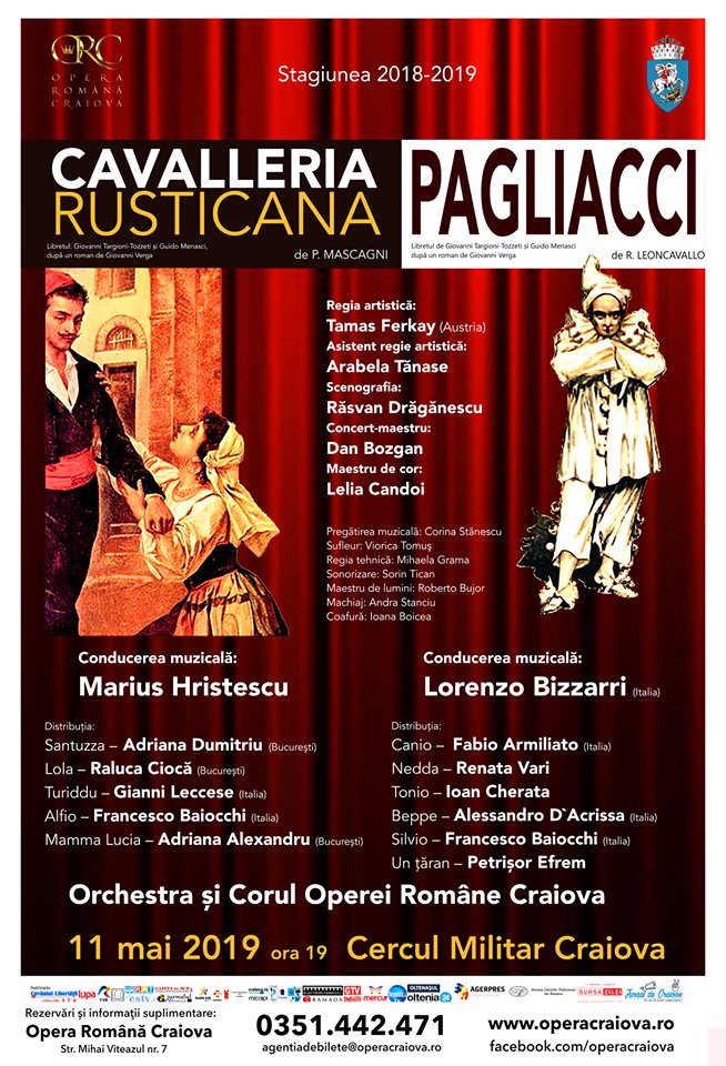 "Cavalleria Rusticana / Pagliacci", sâmbătă, 11 mai 2019, la Craiova