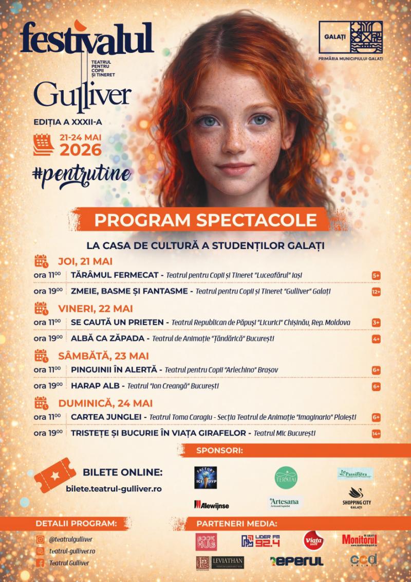 În perioada 21-24 mai, Teatrul pentru Copii și Tineret “Gulliver” din Galați organizează cea de-a XXXII-a ediție a Festivalului International de Animație „Gulliver”.