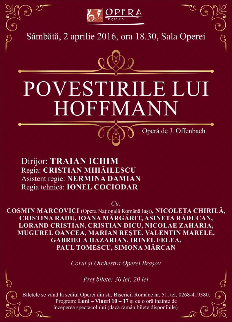 "Povestirile lui Hoffmann", o operă inedită, pe scena lirică brașoveană