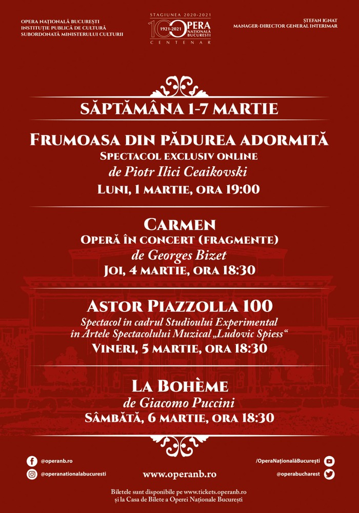 „Carmen” - operă în concert, „Astor Piazzolla 100” și „La Bohème”, pe scena Operei Naționale București
