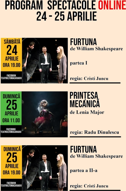 Program spectacole online ale Teatrului Toma Caragiu in perioada 24 - 25 aprilie